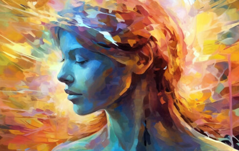 „Abstrakte, farbstarke Illustration eines Frauenprofils mit geschlossenen Augen, umgeben von dynamischen Licht- und Farbschichten in warmen und kühlen Tönen. Das Bild symbolisiert innere Prozesse, Emotionen und mentale Belastungen, wie sie bei Angststörungen oder Stress vorkommen können. Die Darstellung wird häufig im Kontext psychischer Gesundheit genutzt, etwa für Informationsseiten zu Psychotherapie München, Psychotherapeut München oder Psychotherapie in der Nähe.“