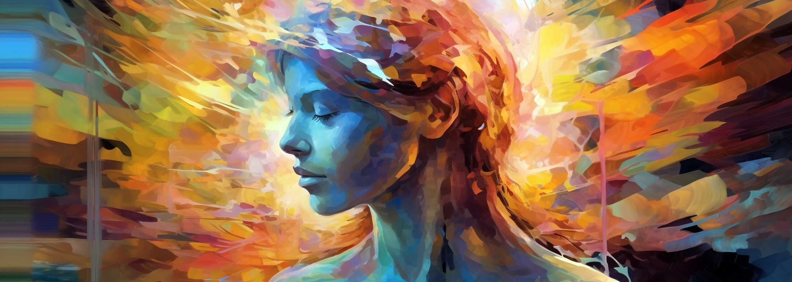 „Abstrakte, farbstarke Illustration eines Frauenprofils mit geschlossenen Augen, umgeben von dynamischen Licht- und Farbschichten in warmen und kühlen Tönen. Das Bild symbolisiert innere Prozesse, Emotionen und mentale Belastungen, wie sie bei Angststörungen oder Stress vorkommen können. Die Darstellung wird häufig im Kontext psychischer Gesundheit genutzt, etwa für Informationsseiten zu Psychotherapie München, Psychotherapeut München oder Psychotherapie in der Nähe.“