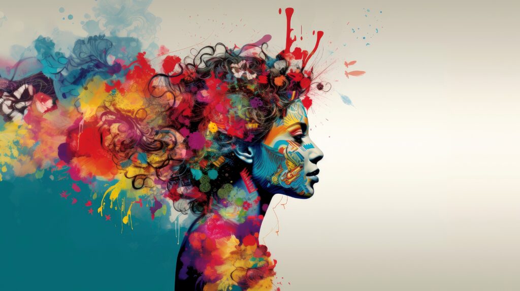 „Farbenintensive, abstrakte Illustration eines Frauenprofils, dessen Haar- und Gedankenwelt in leuchtenden Farbexplosionen dargestellt wird. Die Komposition symbolisiert innere Emotionen, Kreativität und psychische Prozesse, wie sie auch in der Arbeit mit Patient:innen in Psychotherapie München, bei einem Psychotherapeuten München oder im Rahmen einer Psychotherapie in der Nähe thematisiert werden.“