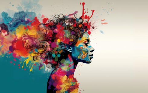 „Farbenintensive, abstrakte Illustration eines Frauenprofils, dessen Haar- und Gedankenwelt in leuchtenden Farbexplosionen dargestellt wird. Die Komposition symbolisiert innere Emotionen, Kreativität und psychische Prozesse, wie sie auch in der Arbeit mit Patient:innen in Psychotherapie München, bei einem Psychotherapeuten München oder im Rahmen einer Psychotherapie in der Nähe thematisiert werden.“