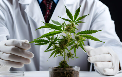 „Nahaufnahme eines Wissenschaftlers im weißen Laborkittel und mit Handschuhen, der eine Cannabis-Pflanze in einem Glasbehälter untersucht. Die Szene symbolisiert Forschung, Medizin und den verantwortungsvollen Umgang mit Cannabis, wie er auch in Beratungsgesprächen über psychische Gesundheit oder begleitende Behandlungsansätze thematisiert werden kann – etwa im Rahmen einer Psychotherapie München, bei einem Psychotherapeuten München oder einer Psychotherapie in der Nähe.“
