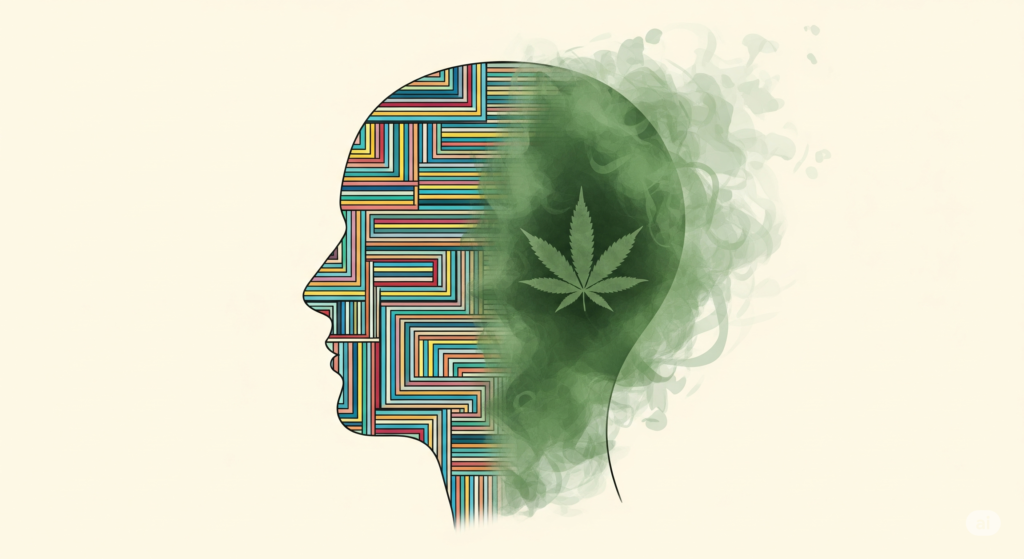 Das Bild ist eine moderne und symbolische Illustration im Querformat mit einem hellen, cremefarbenen Hintergrund. Es zeigt die Silhouette eines menschlichen Kopfes im Profil, der visuell in zwei Hälften geteilt ist, um den mentalen Zustand mit und ohne Cannabiseinfluss zu kontrastieren.
Die vordere Hälfte des Gesichts ist mit klaren, bunten und geordneten geometrischen Mustern gefüllt. Diese Linien und Farben symbolisieren Ordnung, Rationalität, klares Denken und psychische Gesundheit.
Die hintere Hälfte des Kopfes löst sich hingegen in einen grünen, wirbelnden und chaotischen Nebel auf. Innerhalb dieses Nebels ist deutlich die Silhouette eines Cannabisblattes zu erkennen. Dies stellt die negativen Cannabis Risiken psychische Gesundheit dar, wie zum Beispiel Verwirrung, benebelte Gedanken, Realitätsverlust und den Verlust von Struktur.
Die Illustration vermittelt die Botschaft über die Beeinträchtigung der geistigen Klarheit durch Cannabiskonsum auf eine nachdenkliche und metaphorische Weise, ohne dabei makaber oder abschreckend zu wirken.