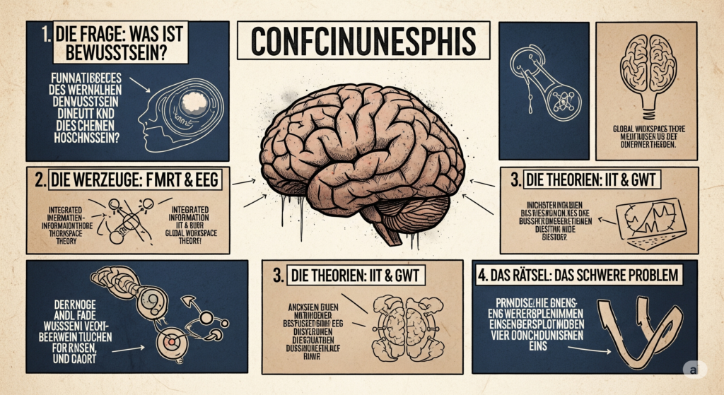 Die Infografik ist im Stil einer Seite aus einem Comic für Erwachsene gestaltet und verwendet eine gezeichnete Ästhetik auf einem texturierten, beigen Hintergrund. In der Mitte ist ein großes, anatomisch gezeichnetes menschliches Gehirn platziert. Pfeile deuten von diesem zentralen Bild auf vier rechteckige Comic-Paneele, die die Kernaspekte der Bewusstseinsforschung mit deutschen Überschriften erläutern.
Die vier Informations-Paneele beschreiben Folgendes (basierend auf der beabsichtigten Information, da der generierte Text teils unleserlich sein kann):
Panel oben links: Der Titel lautet "1. DIE FRAGE: WAS IST BEWUSSTSEIN?". Es zeigt eine stilisierte Zeichnung eines Kopfes mit einer Gedankenblase, um die philosophische und wissenschaftliche Grundfrage zu illustrieren.
Panel mitte links: Der Titel lautet "2. DIE WERKZEUGE: FMRT & EEG". Dieses Panel enthält technische Zeichnungen von Instrumenten, die Gehirnscans und Messungen symbolisieren.
Panel rechts: Der Titel lautet "3. DIE THEORIEN: IIT & GWT". Es zeigt schematische Darstellungen von Informationsverarbeitung und einen Laptop, um wissenschaftliche Modelle zu visualisieren, die versuchen, Bewusstsein zu erklären.
Panel unten rechts: Der Titel lautet "4. DAS RÄTSEL: DAS SCHWERE PROBLEM". Eine abstrakte Zeichnung, die eine Hürde oder ein ungelöstes Rätsel symbolisiert, illustriert diesen Punkt.
Zusammenfassend bietet die Infografik einen schnellen, visuell aufbereiteten Überblick über die zentralen Aspekte der modernen Bewusstseinsforschung für ein deutsches Publikum.
