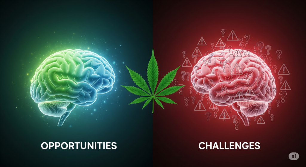 Illustration zum Thema Medizinisches Cannabis Psychiatrie. Sie stellt die Chancen, symbolisiert durch ein gesundes Gehirn, den Herausforderungen, dargestellt durch Warnsymbole, gegenüber. Ein Cannabisblatt verbindet beide Aspekte der Therapie mit Cannabis.