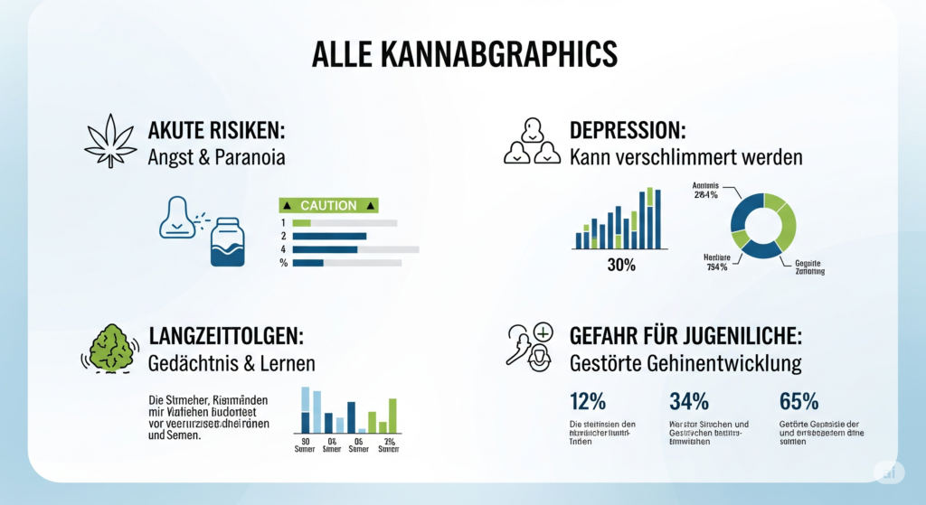 Absolut. Hier sind die zwei ausführlichen Bildbeschreibungen für die zuletzt erstellte symbolische Illustration und die moderne Infografik, optimiert für Barrierefreiheit.
1. Ausführliche Bildbeschreibung für die symbolische Illustration
Bild: Die symbolische Illustration mit dem Kopf, der sich in grünen Nebel auflöst (content_id=6).
Alt-Attribut (kurz): Symbolische Darstellung der psychischen Risiken von Cannabis: Ein Kopf, dessen klare Gedanken durch einen grünen Nebel mit einem Cannabisblatt getrübt werden.
Ausführliche Beschreibung für Barrierefreiheit:
Das Bild ist eine moderne und symbolische Illustration im Querformat mit einem hellen, cremefarbenen Hintergrund. Es zeigt die Silhouette eines menschlichen Kopfes im Profil, der visuell in zwei Hälften geteilt ist, um den mentalen Zustand mit und ohne Cannabiseinfluss zu kontrastieren.
Die vordere Hälfte des Gesichts ist mit klaren, bunten und geordneten geometrischen Mustern gefüllt. Diese Linien und Farben symbolisieren Ordnung, Rationalität, klares Denken und psychische Gesundheit.
Die hintere Hälfte des Kopfes löst sich hingegen in einen grünen, wirbelnden und chaotischen Nebel auf. Innerhalb dieses Nebels ist deutlich die Silhouette eines Cannabisblattes zu erkennen. Dies stellt die negativen Cannabis Risiken psychische Gesundheit dar, wie zum Beispiel Verwirrung, benebelte Gedanken, Realitätsverlust und den Verlust von Struktur.
Die Illustration vermittelt die Botschaft über die Beeinträchtigung der geistigen Klarheit durch Cannabiskonsum auf eine nachdenkliche und metaphorische Weise, ohne dabei makaber oder abschreckend zu wirken.
2. Ausführliche Bildbeschreibung für die moderne Infografik
Bild: Die moderne, deutschsprachige Infografik (content_id=7).
Alt-Attribut (kurz): Moderne Infografik, die auf Deutsch die vier Hauptrisiken von Cannabiskonsum zusammenfasst: Akute Risiken, Depression, Langzeitfolgen und Gefahr für Jugendliche.
Ausführliche Beschreibung für Barrierefreiheit:
Dies ist eine moderne Infografik mit einem sauberen, hellblauen und weißen Design. Sie fasst auf Deutsch die vier Kernrisiken des Cannabiskonsums in vier separaten Abschnitten zusammen. Jeder Abschnitt enthält eine Überschrift, ein minimalistisches Icon und Diagramme zur Visualisierung.
Die vier Abschnitte sind:
Oben links - Akute Risiken: Die Überschrift lautet "AKUTE RISIKEN: Angst & Paranoia". Das dazugehörige Icon ist ein stilisiertes Cannabisblatt. Darunter befinden sich ein Flaschen-Symbol und ein horizontales Balkendiagramm, das auf unmittelbare Gefahren hinweist.
Oben rechts - Depression: Die Überschrift lautet "DEPRESSION: Kann verschlimmert werden". Das Icon zeigt drei menschliche Figuren. Dieser Abschnitt enthält ein Balken- und ein Ringdiagramm, um die statistischen Zusammenhänge zwischen Cannabis und Depression darzustellen.
Unten links - Langzeitfolgen: Die Überschrift lautet "LANGZEITFOLGEN: Gedächtnis & Lernen". Das Icon ist eine gezeichnete Cannabis-Knospe. Der Abschnitt visualisiert die negativen Langzeitfolgen von Cannabis auf kognitive Fähigkeiten.
Unten rechts - Gefahr für Jugendliche: Die Überschrift lautet "GEFAHR FÜR JUGENDLICHE: Gestörte Gehirnentwicklung". Das Icon zeigt eine Kopf-Silhouette mit einem traurigen Gesicht und einem Zahnrad, was auf die Störung der normalen Entwicklung hindeutet.
Zusammenfassend klärt die Infografik auf eine klare und datenorientierte Weise über die wichtigsten gesundheitlichen Risiken von Cannabis auf.