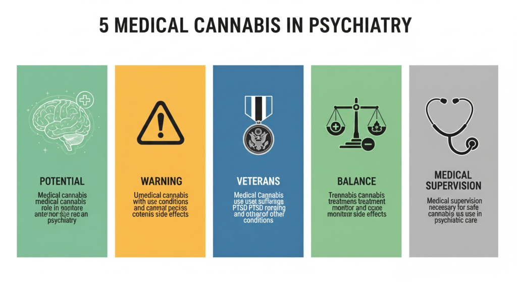 "Infografik zum Thema Medizinisches Cannabis Psychiatrie. Sie fasst 5 Kernpunkte der Therapie mit Cannabis visuell zusammen: das Potenzial (Gehirn-Icon), die Warnungen (Warnzeichen), die Relevanz für Veteranen (Medaillen-Icon), die Notwendigkeit der Balance (Waagen-Icon) und die unerlässliche ärztliche Aufsicht (Stethoskop-Icon)."