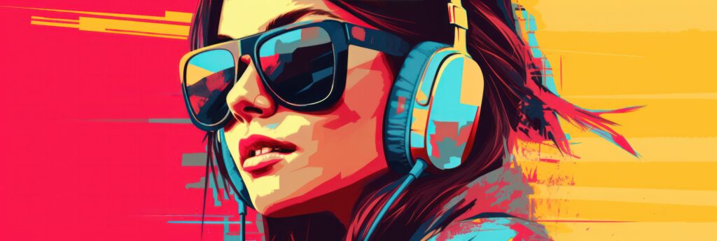 „Pop-Art-ähnliche, farbintensive Illustration einer jungen Frau mit Sonnenbrille und großen Kopfhörern vor einem leuchtenden gelb-roten Hintergrund. Die Darstellung symbolisiert moderne Jugendkultur, Musik als Ausdruck von Emotionen und den Rückzug in eine innere Welt – Themen, die auch in der Arbeit mit Patient:innen in Psychotherapie München, bei einem Psychotherapeuten München oder im Rahmen einer Psychotherapie in der Nähe eine Rolle spielen können.“