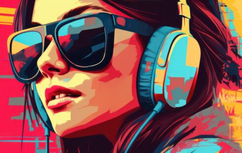 „Pop-Art-ähnliche, farbintensive Illustration einer jungen Frau mit Sonnenbrille und großen Kopfhörern vor einem leuchtenden gelb-roten Hintergrund. Die Darstellung symbolisiert moderne Jugendkultur, Musik als Ausdruck von Emotionen und den Rückzug in eine innere Welt – Themen, die auch in der Arbeit mit Patient:innen in Psychotherapie München, bei einem Psychotherapeuten München oder im Rahmen einer Psychotherapie in der Nähe eine Rolle spielen können.“
