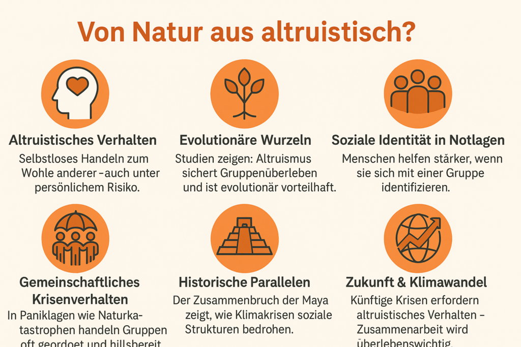 „Infografik im 16:9-Format mit dem Titel ‚Von Natur aus altruistisch?‘. Sie zeigt sechs thematische Bereiche zu altruistischem Verhalten, gemeinschaftlichem Krisenverhalten und sozialer Identität in Notlagen, jeweils mit Icon und kurzen Fließtexten – z. B. zu Evolution, Gruppenbindung, historischen Krisen und dem Einfluss des Klimawandels.“