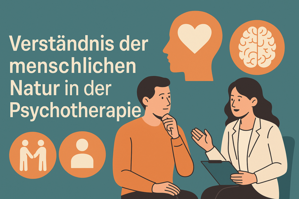 Illustration mit dem Titel „Verständnis der menschlichen Natur in der Psychotherapie“. Eine Therapeutin spricht mit einem Klienten. Um sie herum Symbole für Herz, Gehirn und soziale Verbindung. Das Bild stellt visuell dar, wie das Verständnis der menschlichen Natur die Psychotherapie bereichert.