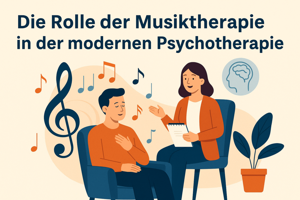 „Therapieszene zwischen Patient und Therapeutin mit Musiknoten und Gehirn-Symbol, Titel: Die Rolle der Musiktherapie in der Psychotherapie.“