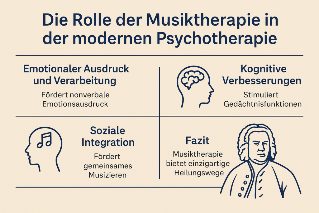 „Infografik zur therapeutischen Wirkung von Musik mit vier Themenfeldern: Emotionaler Ausdruck, Kognitive Verbesserungen, Soziale Integration und Fazit.“