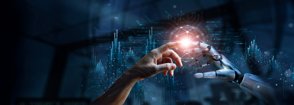 „Symbolbild für die Verbindung zwischen Mensch und künstlicher Intelligenz: Eine menschliche Hand berührt die Hand eines Roboters, umgeben von digitalen Datenmustern und futuristischen Lichteffekten. Die Darstellung steht sinnbildlich für moderne Technologien, die zunehmend auch in der Psychologie und Psychotherapie eingesetzt werden – etwa zur Unterstützung von Patient:innen in Psychotherapie München, bei einem Psychotherapeuten München oder im Rahmen einer Psychotherapie in der Nähe.“