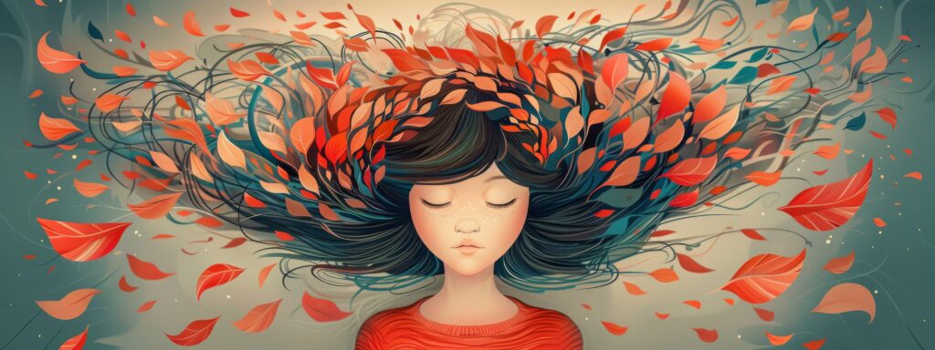 „Illustration eines Mädchens mit geschlossenen Augen, dessen Haare sich in einem Wirbel aus farbigen Blättern und geschwungenen Linien auflösen. Die Szene wirkt ruhig und zugleich emotional, symbolisiert innere Prozesse, Achtsamkeit und psychische Belastung. Das Bild wird häufig im Kontext mentaler Gesundheit genutzt, etwa auf Informationsseiten zu Psychotherapie München, Psychotherapeut München oder Psychotherapie in der Nähe.“