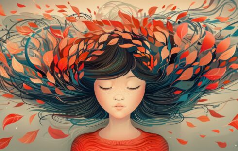 „Illustration eines Mädchens mit geschlossenen Augen, dessen Haare sich in einem Wirbel aus farbigen Blättern und geschwungenen Linien auflösen. Die Szene wirkt ruhig und zugleich emotional, symbolisiert innere Prozesse, Achtsamkeit und psychische Belastung. Das Bild wird häufig im Kontext mentaler Gesundheit genutzt, etwa auf Informationsseiten zu Psychotherapie München, Psychotherapeut München oder Psychotherapie in der Nähe.“