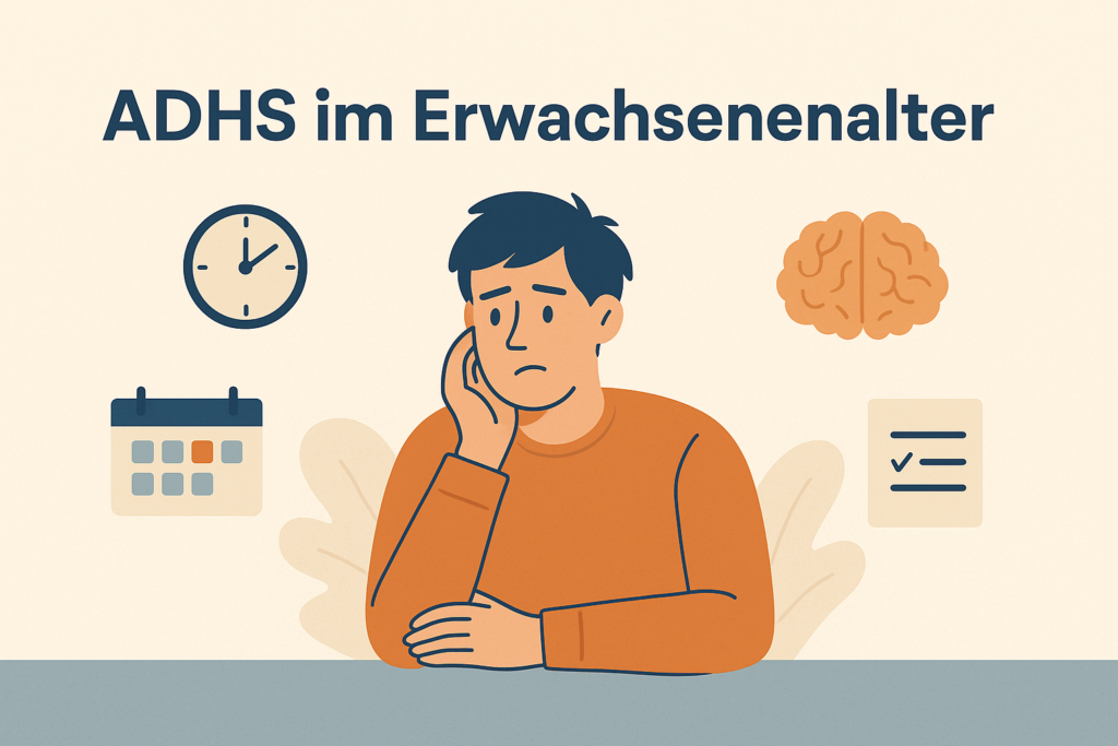 Infografik mit dem Titel 'ADHS im Erwachsenenalter'. Eine nachdenkliche Frau sitzt zentral im Bild, umgeben von Symbolen wie Gehirn, Medikament, Checkliste und Kalender. Rechts daneben stehen stichpunktartig Informationen zu Symptomen, verspäteter Diagnose, Therapiekombinationen und Stärken bei ADHS im Erwachsenenalter.