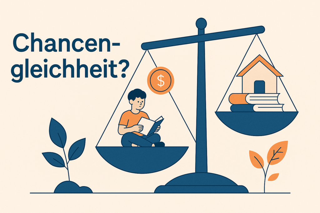 Infografik mit dem Titel „Chancengleichheit?“ zeigt den Einfluss der sozialen Herkunft auf Schulerfolg und berufliche Chancen. Sie erklärt anhand von Text und Symbolen, wie soziale Benachteiligung, familiärer Hintergrund und Geschlecht Bildungserfolge beeinflussen und warum Chancengleichheit gezielte Maßnahmen erfordert.