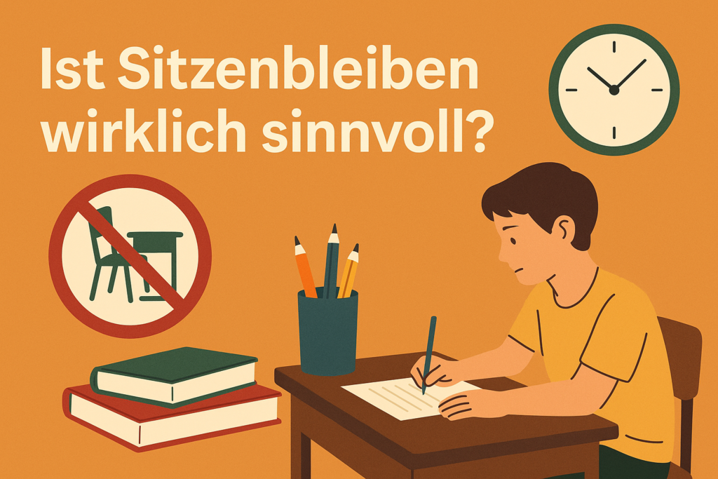 Illustration mit dem Titel „Ist Sitzenbleiben wirklich sinnvoll?“ zeigt einen Schüler beim Schreiben an einem Tisch, daneben ein Verbotssymbol über einem leeren Schulstuhl, Bücher, Stifte und eine Uhr – symbolisch für die Diskussion rund um das Sitzenbleiben im Bildungssystem.