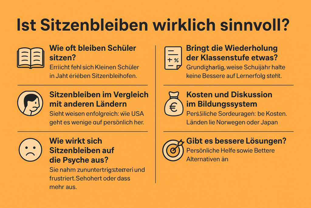 Infografik mit dem Titel „Ist Sitzenbleiben wirklich sinnvoll?“ auf orangem Hintergrund. In sechs übersichtlichen Abschnitten werden zentrale Inhalte dargestellt: Häufigkeit von Sitzenbleiben, geringe Wirkung auf den Lernerfolg, internationale Vergleiche, psychologische Folgen, Kosten für das Schulsystem und mögliche Alternativen wie gezielte Förderung. Passende Symbole begleiten die kurzen Texte, die den Nutzen und die Kritik am Sitzenbleiben im Bildungssystem verdeutlichen.