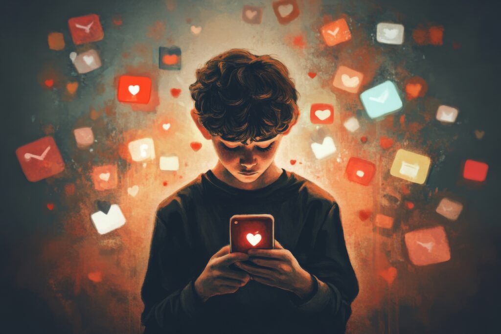 „Illustration eines nachdenklichen Jungen, der auf sein Smartphone blickt, während Social-Media-Symbole und Herz-Icons leuchtend um ihn herum schweben. Das Bild steht sinnbildlich für die psychische Belastung von Kindern und Jugendlichen durch digitale Medien und soziale Netzwerke. Es wird häufig im Kontext von Beratung und Behandlung eingesetzt, etwa bei Themen wie Psychotherapie München, Psychotherapeut München oder Psychotherapie in der Nähe.“