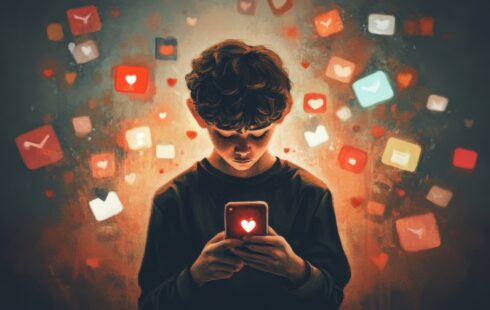 „Illustration eines nachdenklichen Jungen, der auf sein Smartphone blickt, während Social-Media-Symbole und Herz-Icons leuchtend um ihn herum schweben. Das Bild steht sinnbildlich für die psychische Belastung von Kindern und Jugendlichen durch digitale Medien und soziale Netzwerke. Es wird häufig im Kontext von Beratung und Behandlung eingesetzt, etwa bei Themen wie Psychotherapie München, Psychotherapeut München oder Psychotherapie in der Nähe.“