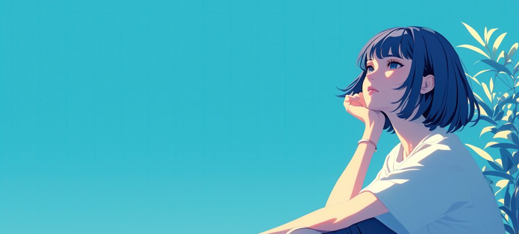 „Illustration eines nachdenklich blickenden Mädchens mit kurzem dunklem Haar, das vor einem klaren blauen Himmel sitzt und ins Weite schaut. Die ruhige, minimalistische Szene symbolisiert innere Reflexion, emotionale Belastung und mentale Prozesse, wie sie auch in der psychologischen Beratung oder Psychotherapie eine Rolle spielen – etwa bei einer Psychotherapie München, bei einem Psychotherapeuten München oder im Rahmen einer Psychotherapie in der Nähe.“