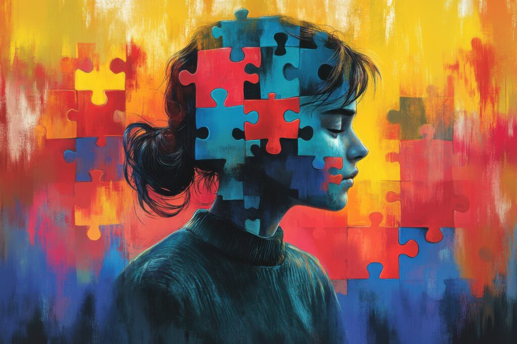 „Künstlerische Illustration eines jungen Mädchens im Profil, dessen Kopf aus farbigen Puzzleteilen besteht. Die bunten, abstrakten Formen symbolisieren komplexe Gedanken, Emotionen und psychische Prozesse. Das Motiv wird häufig genutzt, um Themen wie mentale Gesundheit, Identität oder therapeutische Begleitung zu veranschaulichen – etwa im Rahmen von Psychotherapie München, bei einem Psychotherapeuten München oder einer Psychotherapie in der Nähe.“