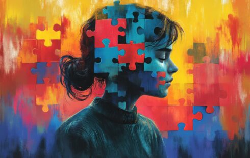 „Künstlerische Illustration eines jungen Mädchens im Profil, dessen Kopf aus farbigen Puzzle­teilen besteht. Die bunten, abstrakten Formen symbolisieren komplexe Gedanken, Emotionen und psychische Prozesse. Das Motiv wird häufig genutzt, um Themen wie mentale Gesundheit, Identität oder therapeutische Begleitung zu veranschaulichen – etwa im Rahmen von Psychotherapie München, bei einem Psychotherapeuten München oder einer Psychotherapie in der Nähe.“