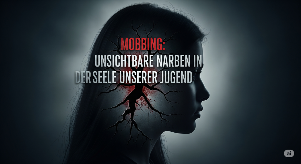 Ein symbolisches und künstlerisches Bild zum Thema Mobbing im 16:9-Format. Es zeigt die dunkle Silhouette eines jugendlichen Kopfes im Profil vor einem düsteren, stimmungsvollen Hintergrund, der Gefühle von Schmerz und Isolation hervorruft. Innerhalb der Silhouette sind leuchtende Risse und Sprünge zu sehen, die die tiefen, unsichtbaren seelischen Narben und das psychische Trauma durch Mobbing darstellen. Der Titel des Textes, „Mobbing: Unsichtbare Narben in der Seele unserer Jugend“, ist kunstvoll in das Bild integriert, um die tiefgreifende und oft versteckte Wirkung von Mobbing zu verdeutlichen.