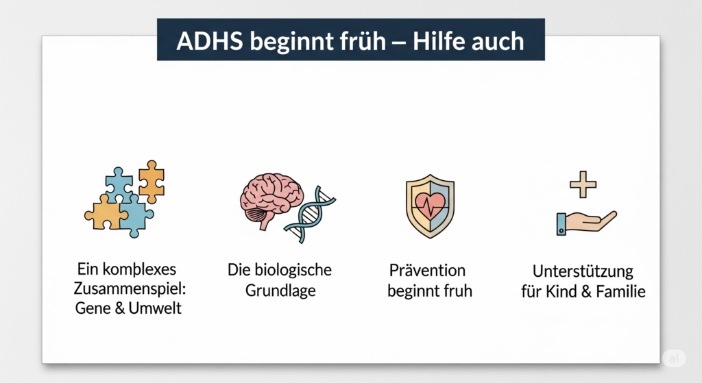 Eine Infografik im 16:9-Querformat zum Thema ADHS. Die Grafik hat einen hellgrauen Hintergrund, auf dem ein weißes Rechteck mit den Hauptinhalten liegt.
Ganz oben befindet sich ein dunkelblauer Banner, der über die gesamte Breite des weißen Rechtecks verläuft. In diesem Banner steht in weißer Schrift der Titel der Infografik: "ADHS beginnt früh – Hilfe auch".
Unter dem Titelbanner sind vier Hauptpunkte horizontal nebeneinander angeordnet. Jeder Punkt besteht aus einem farbigen, stilisierten Icon und einer darunter stehenden, zweizeiligen Beschriftung in schwarzer Schrift.
Von links nach rechts sind die vier Punkte:
Icon: Drei ineinandergreifende Puzzleteile in den Farben Hellblau, Orange und Gelb.
Text: "Ein komplexes Zusammenspiel: Gene & Umwelt"
Icon: Eine Darstellung eines rosa Gehirns direkt neben einer blauen DNA-Doppelhelix.
Text: "Die biologische Grundlage"
Icon: Ein Wappenschild mit gelben und blauen Streifen, das in seiner Mitte ein rosa Herz umschließt.
Text: "Prävention beginnt früh"
Icon: Eine stilisierte Hand, deren Handfläche nach oben zeigt. Über der Hand schwebt ein Pluszeichen.
Text: "Unterstützung für Kind & Familie"
Der Gesamtstil der Infografik ist modern, klar und aufgeräumt, mit einfachen Symbolen und einer gut lesbaren Schrift.