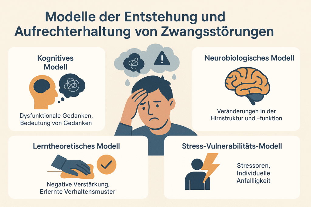 „Infografik zu Modellen der Entstehung und Aufrechterhaltung von Zwangsstörungen: dargestellt sind das kognitive Modell, das neurobiologische Modell, das lerntheoretische Modell sowie das Stress-Vulnerabilitäts-Modell. In der Mitte sitzt eine belastete Person mit Sorgenwolken. Die Grafik erklärt typische Ursachen, Mechanismen und Risikofaktoren von Zwangsstörungen – relevant für Psychotherapie und psychoedukative Aufklärung, auch in München.“