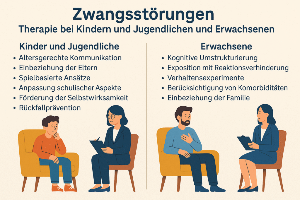 „Infografik zur Therapie von Zwangsstörungen bei Kindern, Jugendlichen und Erwachsenen: Links sind zentrale Behandlungselemente für junge Patient:innen dargestellt, darunter altersgerechte Kommunikation, Einbeziehung der Eltern, spielbasierte Ansätze, schulische Anpassungen, Förderung der Selbstwirksamkeit und Rückfallprävention. Rechts werden therapeutische Methoden für Erwachsene genannt, wie kognitive Umstrukturierung, Exposition mit Reaktionsverhinderung, Verhaltensexperimente, Berücksichtigung von Komorbiditäten und Einbeziehung der Familie. Unter den Listen sitzen jeweils ein Kind bzw. ein Erwachsener im Gespräch mit einer Therapeutin. Die Grafik erläutert anschaulich psychotherapeutische Ansätze bei Zwangsstörungen.“