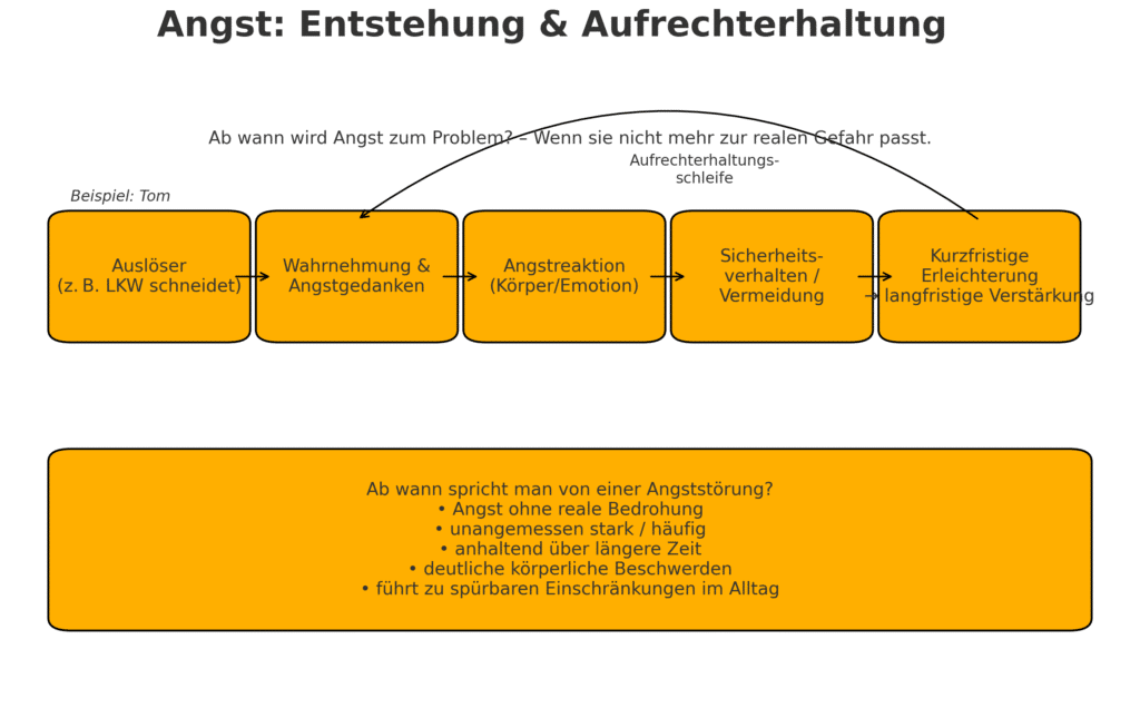 „Infografik zur Entstehung und Aufrechterhaltung von Angst: In fünf Schritten wird der Teufelskreis der Angst dargestellt – Auslöser, Wahrnehmung und Angstgedanken, körperliche und emotionale Angstreaktion, Sicherheitsverhalten bzw. Vermeidung sowie kurzfristige Erleichterung und langfristige Verstärkung. Darüber zeigt ein Pfeil die Aufrechterhaltungsschleife. Unten erklärt ein Kasten die diagnostischen Kriterien dafür, ab wann Angst als Angststörung gilt, etwa wenn sie ohne reale Bedrohung auftritt, unangemessen stark oder häufig ist, lange anhält, deutliche körperliche Beschwerden verursacht und den Alltag spürbar einschränkt.“
