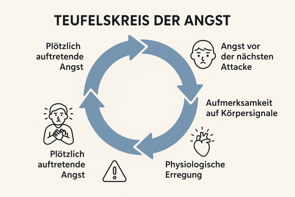 „Infografik zum Teufelskreis der Angst: Ein Kreislauf aus vier Pfeilen zeigt, wie plötzlich auftretende Angst, die Angst vor der nächsten Attacke, verstärkte Aufmerksamkeit auf Körpersignale und physiologische Erregung sich gegenseitig verstärken. Symbole wie ein besorgtes Gesicht, ein Herz und ein Warnzeichen visualisieren die einzelnen Phasen. Die Grafik wird häufig zur Aufklärung in Psychotherapie München, Psychotherapie in der Nähe und bei einem Psychotherapeuten München eingesetzt.“