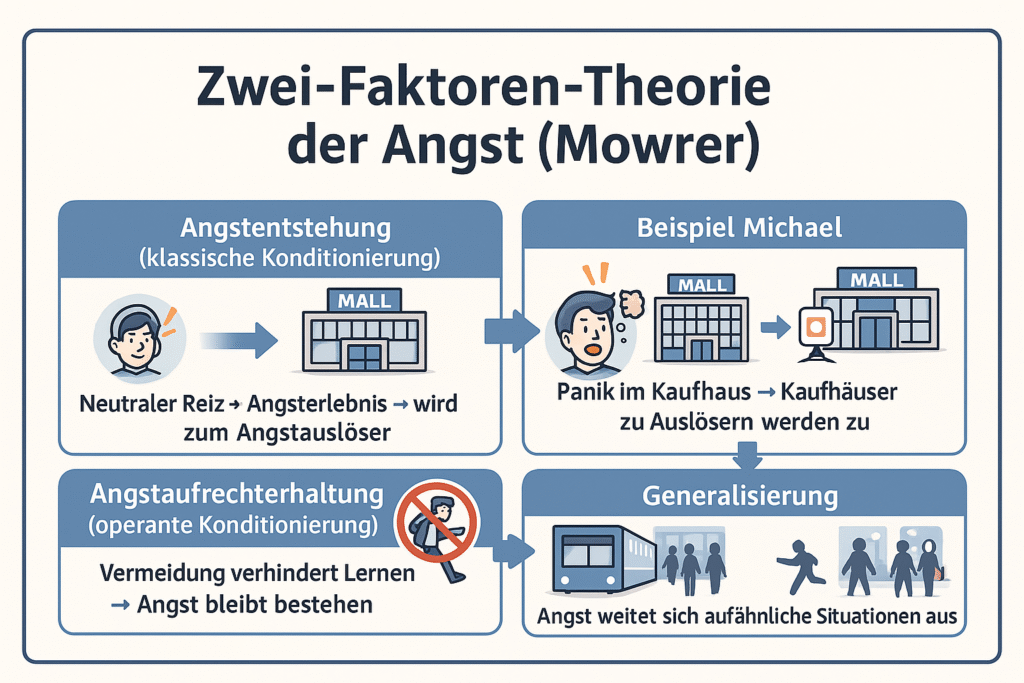 „Infografik zur Zwei-Faktoren-Theorie der Angst nach Mowrer: In einem übersichtlichen 16:9-Layout zeigt die Grafik, wie ein neutraler Reiz durch ein Angsterlebnis zum Angstauslöser wird, wie Vermeidung die Angst langfristig aufrechterhält und wie Generalisierung weitere Situationen betrifft. Symbole illustrieren die Schritte Angstentstehung, operante Konditionierung und Generalisierung. Die Darstellung wird häufig in der Psychoedukation genutzt, etwa in Psychotherapie München, bei einem Psychotherapeuten München oder im Rahmen einer Psychotherapie in der Nähe.“